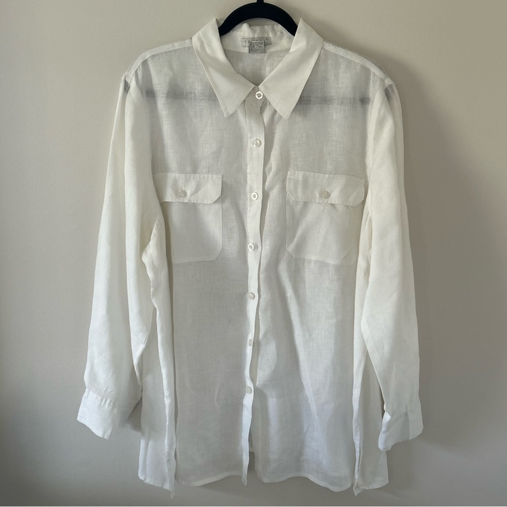 Tweeds Women’s 2X White 100% Linen Button-Front Shirt Blouse Long Sleeve Pockets